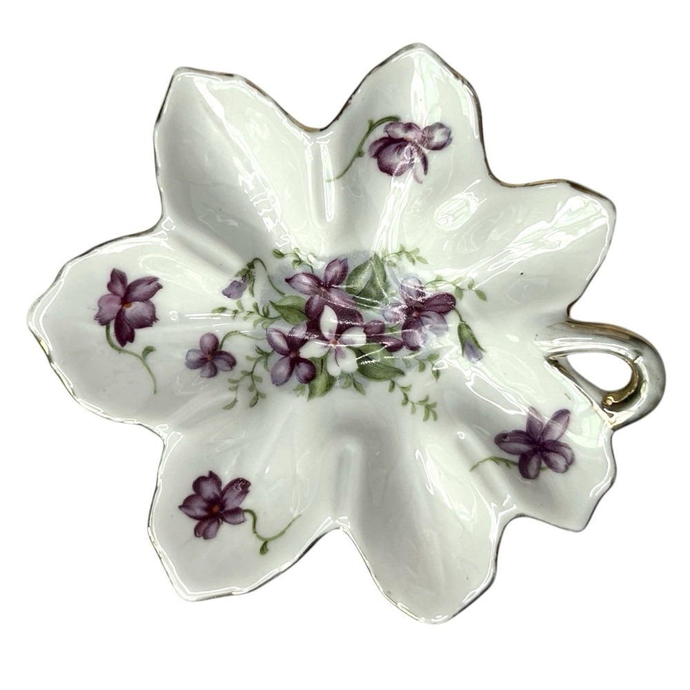 Vintage LEFTON Violet Hand Painted Leaf Gold Trim Candy Dish Trinket Plate 5.25"